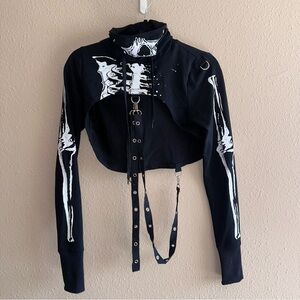 Gothic Punk Long Sleeve Hooded Crop Top Halloween Rave Skeleton Mask Hoodie